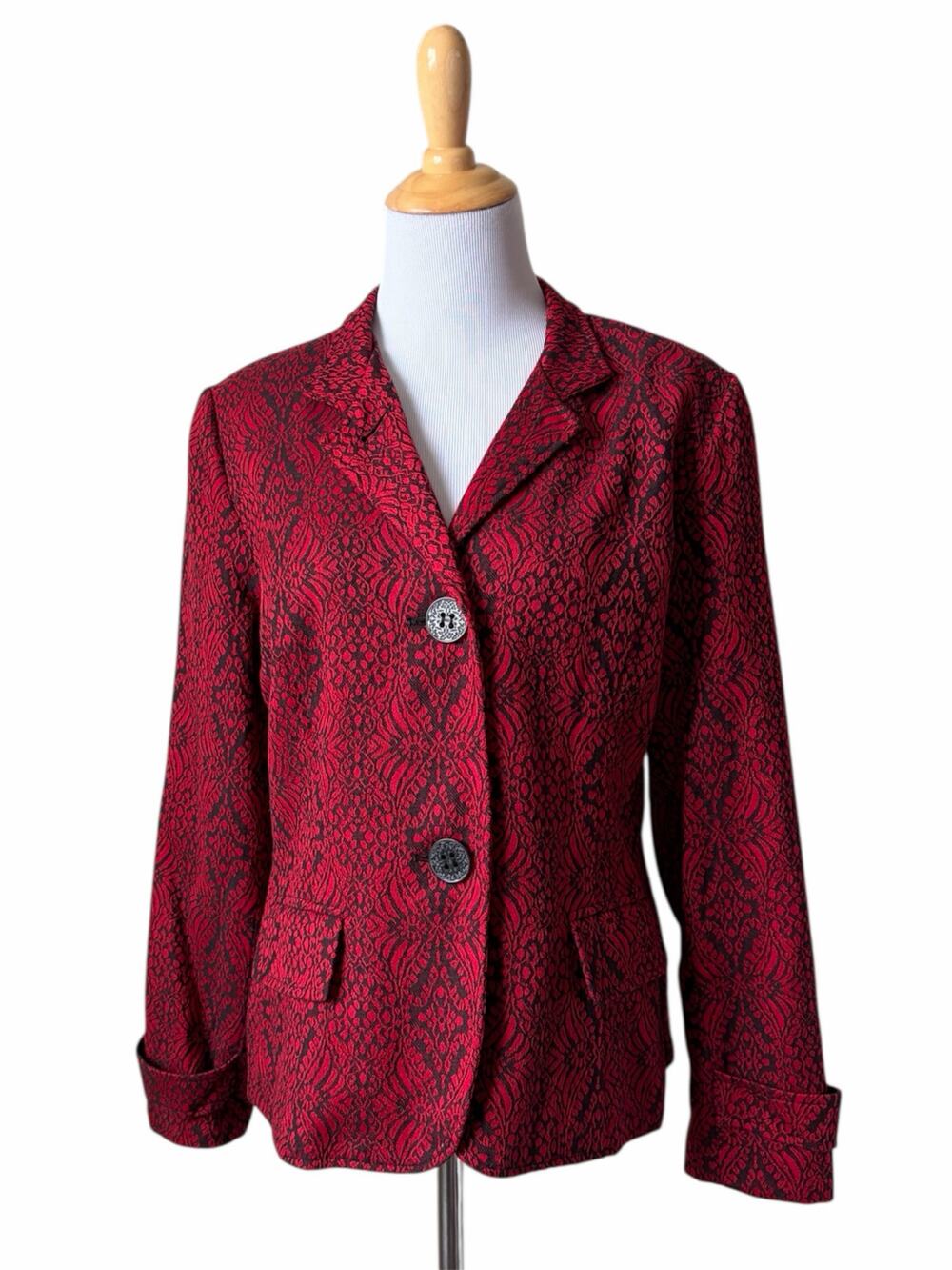 Coldwater Creek Jacket Red and Black Brocade Button Up Lined Blazer Career Sz 12